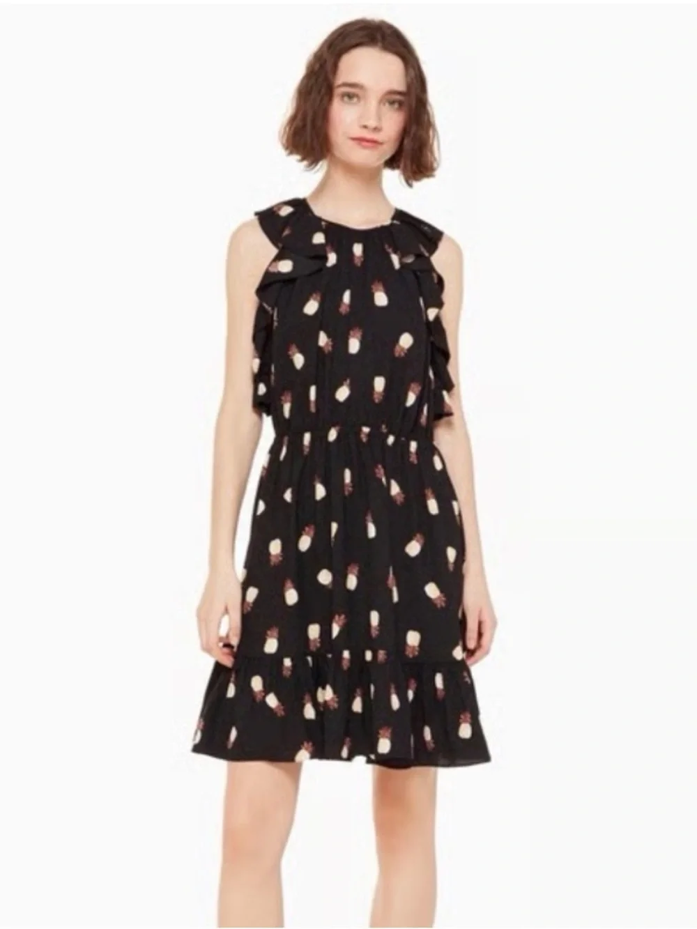 Kate Spade Pineapple Print Sleeveless Ruffle A-Line Mini Dress Black Medium